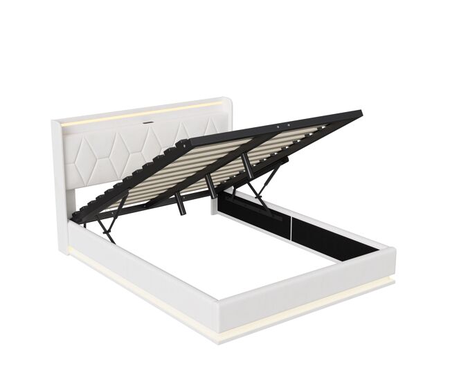 Cama doble de 140×200 cm en terciopelo blanco, cabecero con LED, puertos de carga y tiras de luz en 3 lados