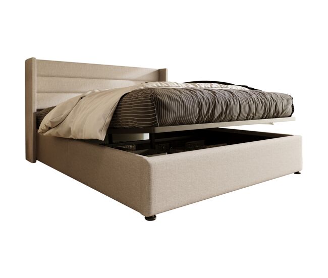 Cama doble hidráulica tapizada de 160×200 cm color beige, con almacenamiento y base de láminas de madera