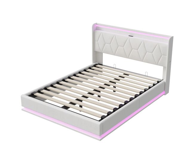 Cama tapizada de 160×200 cm color beige, con almacenamiento y cabecero, luz LED y puerto USB