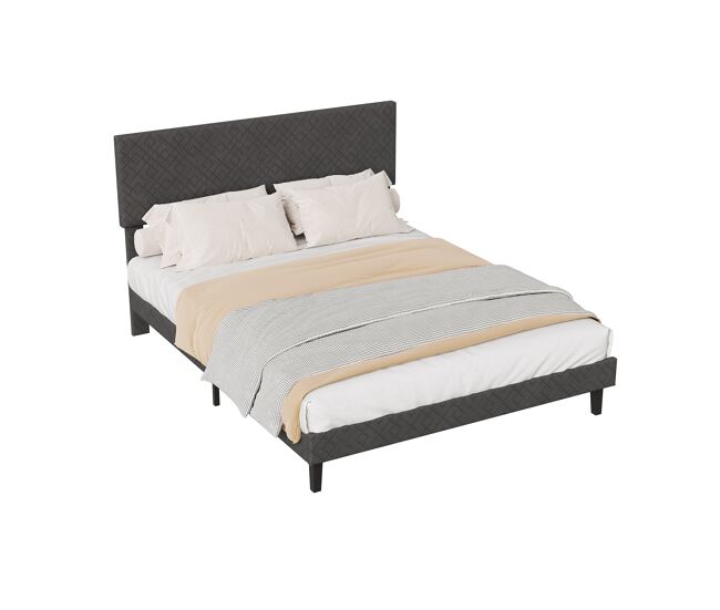 Cama de 140×200 cm en lino gris, con cabecero acolchado, resistente y silenciosa