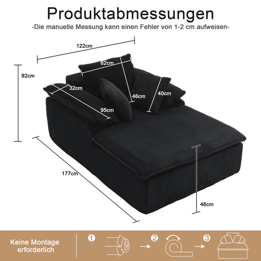 Sofá reclinável 46 cm - design interior, sem estrutura, confortável para leitura, braços largos - Preto Sofá reclinável 46 cm - design interior, sem estrutura, confortável para leitura, braços largos - Preto