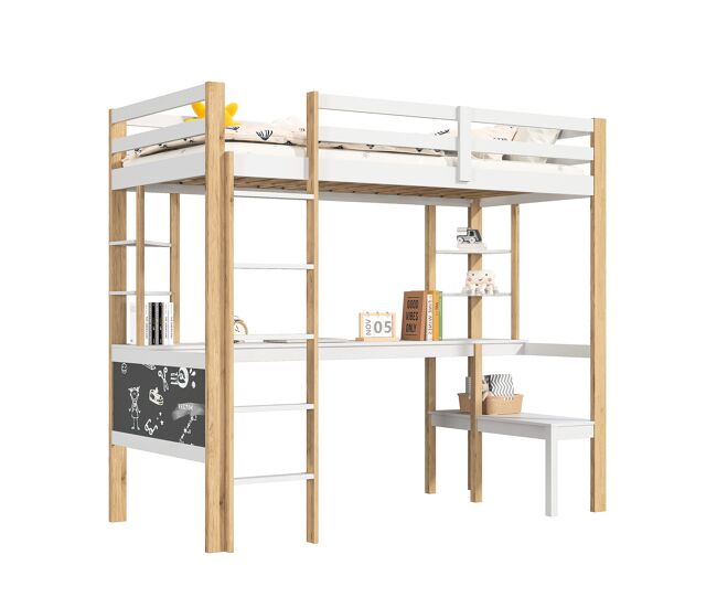 Cama alta infantil de 90×200 cm en blanco y natural, con escritorio, estantes de almacenamiento y escalera