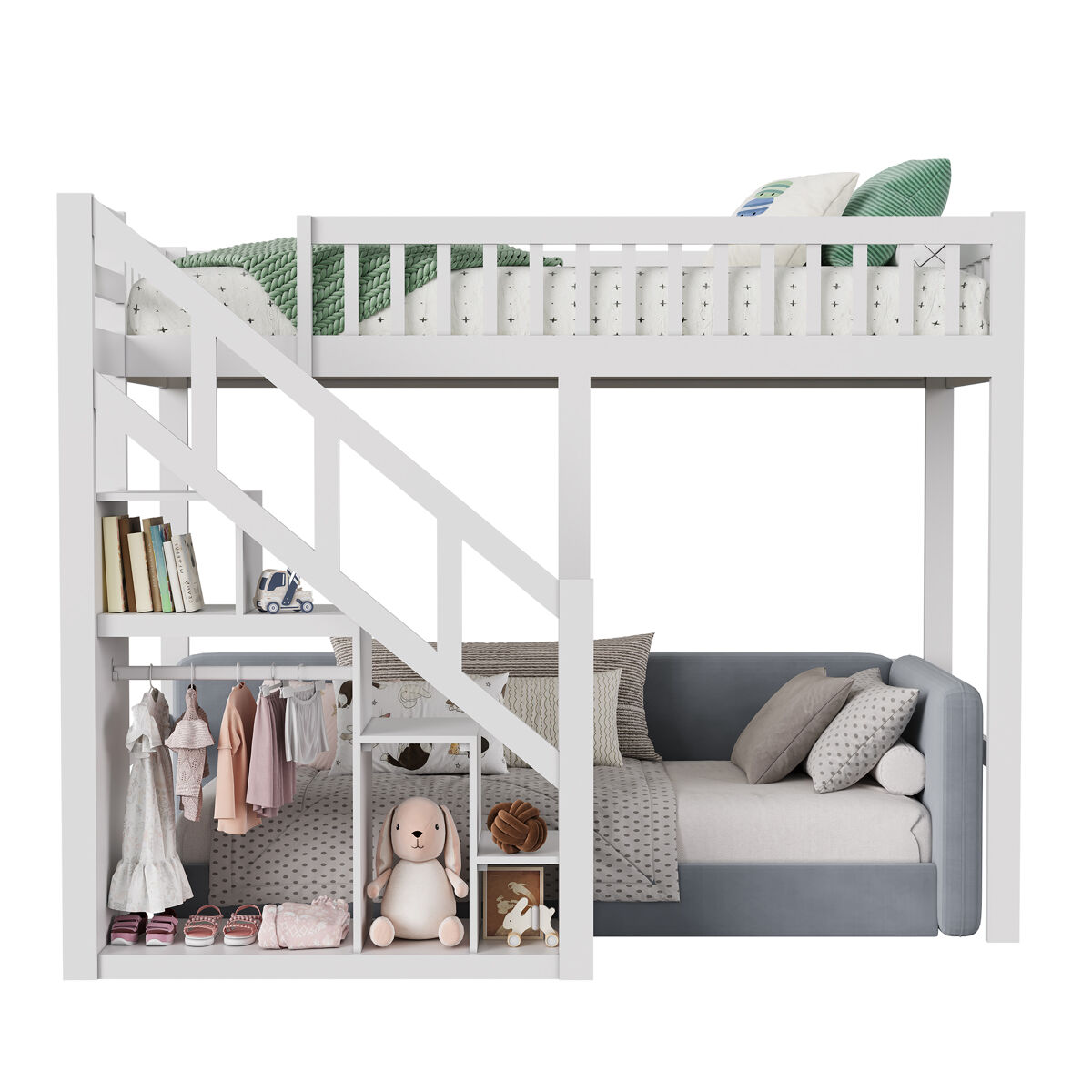 litera infantil de 90200 cm color blanco con escalera de almacenamiento y barandilla altillo multifuncional de madera maciza y mdf