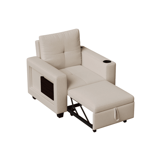 Sofá-cama individual conversível em chenille creme, encosto ajustável em 5 posições, mesa dobrável, porta-copos, entrada USB e suporta até 200 kg