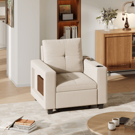 Sofá-cama individual conversível em chenille creme, encosto ajustável em 5 posições, mesa dobrável, porta-copos, entrada USB e suporta até 200 kg