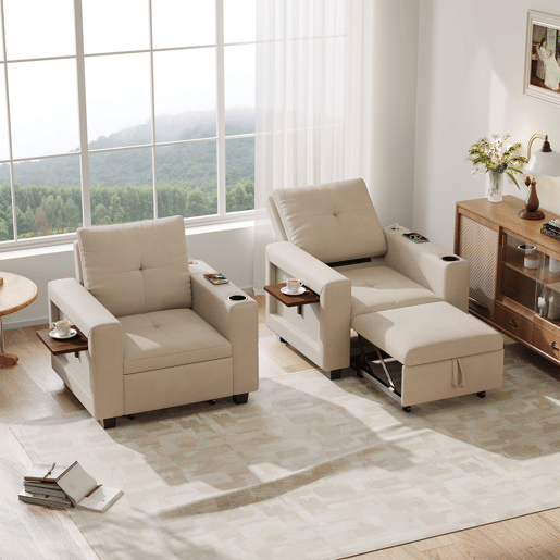 Sofá-cama individual conversível em chenille creme, encosto ajustável em 5 posições, mesa dobrável, porta-copos, entrada USB e suporta até 200 kg