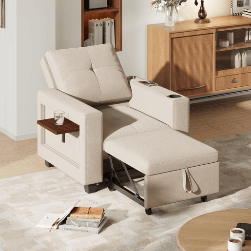 Sofá-cama individual conversível em chenille creme, encosto ajustável em 5 posições, mesa dobrável, porta-copos, entrada USB e suporta até 200 kg