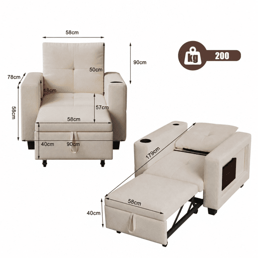 Sofá-cama individual conversível em chenille creme, encosto ajustável em 5 posições, mesa dobrável, porta-copos, entrada USB e suporta até 200 kg