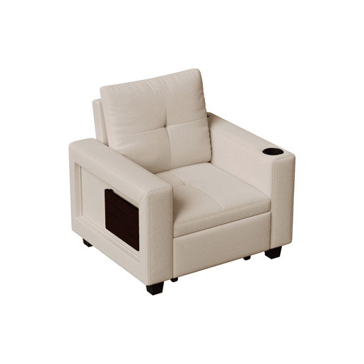 Sofá-cama individual conversível em chenille creme, encosto ajustável em 5 posições, mesa dobrável, porta-copos, entrada USB e suporta até 200 kg