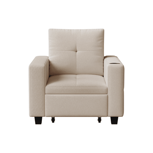 Sofá-cama individual conversível em chenille creme, encosto ajustável em 5 posições, mesa dobrável, porta-copos, entrada USB e suporta até 200 kg