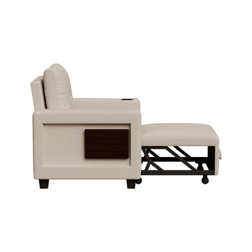Sofá-cama individual conversível em chenille creme, encosto ajustável em 5 posições, mesa dobrável, porta-copos, entrada USB e suporta até 200 kg