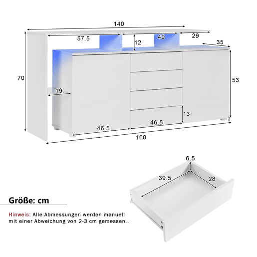 Cómoda 160×35×70 - Móvel de sala com LED, aparador, móvel para TV - Branco Cómoda 160×35×70 - Móvel de sala com LED, aparador, móvel para TV - Branco