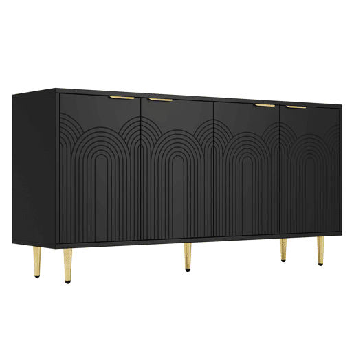 Aparador 160x80x40 cm - 4 portas, puxadores dourados escovados e pés de alto brilho - Preto Aparador 160x80x40 cm - 4 portas, puxadores dourados escovados e pés de alto brilho - Preto
