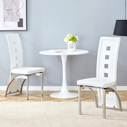 Cadeiras de sala de jantar 2 peças - Design europeu com padrão perfurado, PU branco + pernas metálicas prateadas - Branco+Prateado Cadeiras de sala de jantar 2 peças - Design europeu com padrão perfurado, PU branco + pernas metálicas prateadas - Branco+Prateado