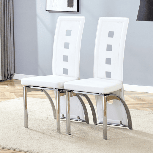 Cadeiras de sala de jantar 2 peças - Design europeu com padrão perfurado, PU branco + pernas metálicas prateadas - Branco+Prateado Cadeiras de sala de jantar 2 peças - Design europeu com padrão perfurado, PU branco + pernas metálicas prateadas - Branco+Prateado