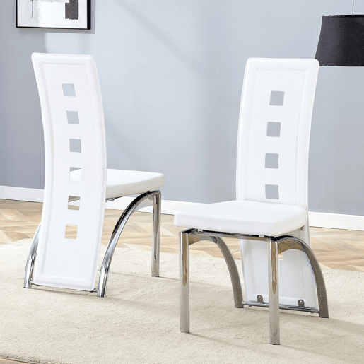 Cadeiras de sala de jantar 2 peças - Design europeu com padrão perfurado, PU branco + pernas metálicas prateadas - Branco+Prateado Cadeiras de sala de jantar 2 peças - Design europeu com padrão perfurado, PU branco + pernas metálicas prateadas - Branco+Prateado