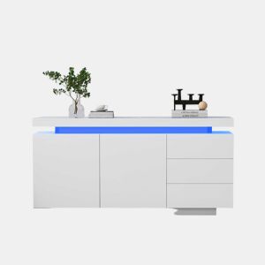 Móvel lateral 140x35x72,5 cm - 2 portas, 3 gavetas, acabamento lacado, com iluminação LED - Branco