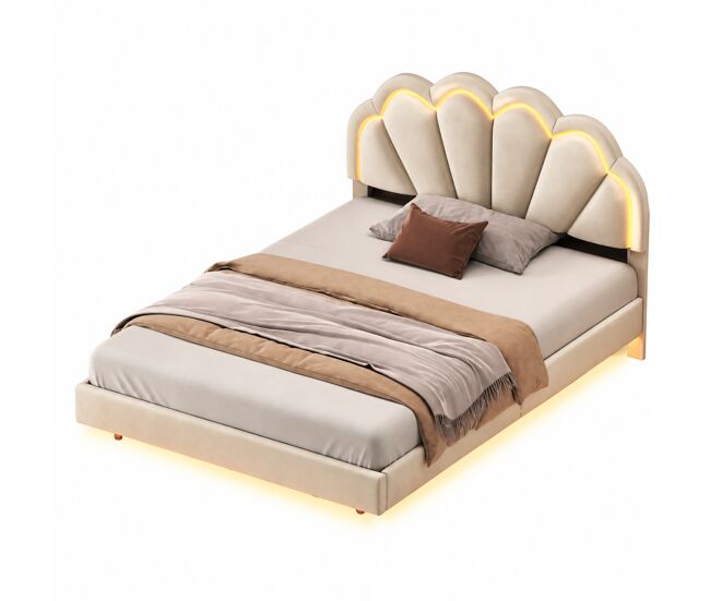 Cama de 140x200 cm tapizada en lino beige, con iluminación LED, cabecero y somier de láminas