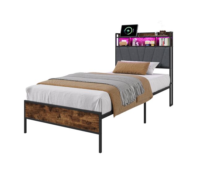 Cama estilo industrial metal y madera 90×200 cm, cabecero lino almacenamiento, LED RGB, estación USB-C, almacenamiento bajo cama