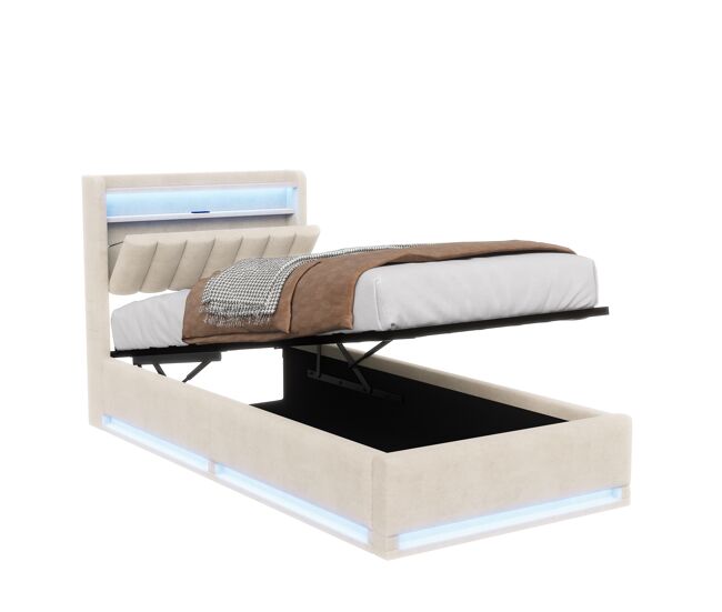 Cama de 90x200 cm en terciopelo beige, cabecero abatible con almacenamiento, LED RGB, USB-C y USB, cama flotante, somier de láminas