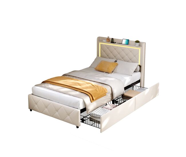 Cama individual de 90x200 cm en terciopelo beige, con almacenamiento, cabecero con estantes, LED y USB-C