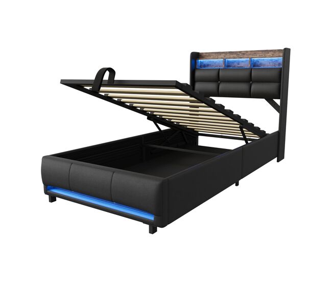 Estructura cama 90×200 cm almacenamiento bajo cama, elevador gas, cabecero PU con estante, LED RGB, enchufe europeo, cama negra