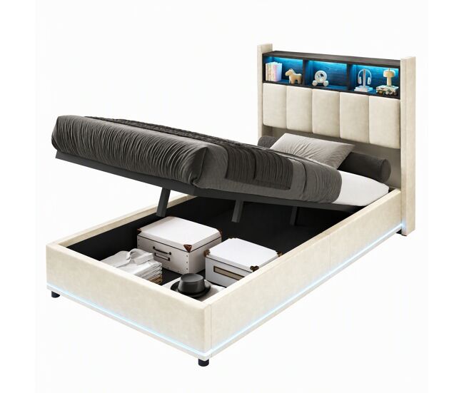 Cama de 90x200 cm en terciopelo blanco, con almacenamiento, LED, somier de láminas y puertos USB-C