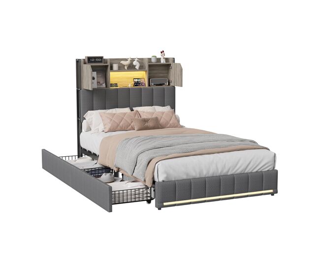 Cama doble de 90x200 cm en gris, 4 cajones, USB, LED, mesitas con almacenamiento y somier de láminas