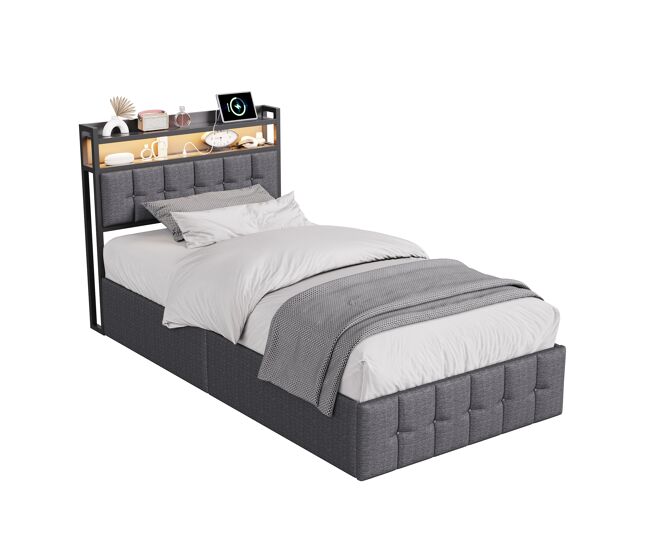 Cama doble de 90x200 cm en lino gris, cabecero LED, almacenamiento a gas, USB-C e iluminación RGB