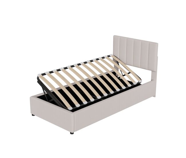 Cama infantil tapizada de 90x200 cm en lino suave, con almacenamiento hidráulico y somier de láminas