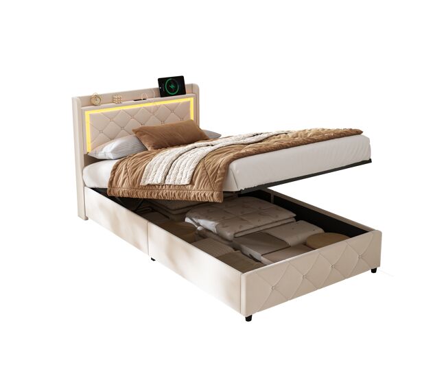 Cama individual de 90x200 cm en terciopelo beige, almacenamiento, cabecero con USB-C, LED ajustable y somier