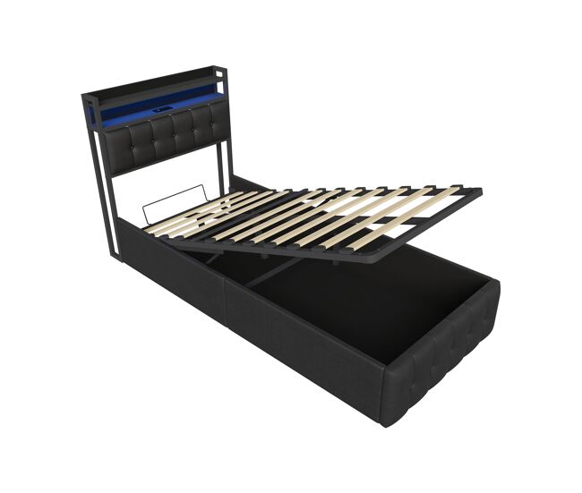 Cama de 90x200 cm con almacenamiento y elevador neumático, cabecero en piel sintética negra con almacenamiento, LED RGB, USB y USB-C