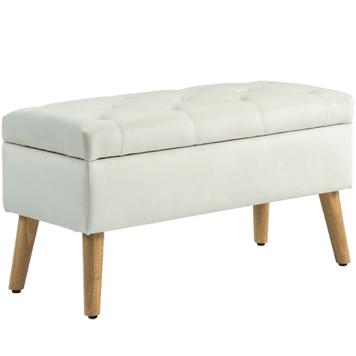 HOMCOM Banco de Arrumação em Veludo com Tampa, Pufe com Pés de Madeira para Sala, Quarto ou Entrada, 80x35x42 cm, Creme