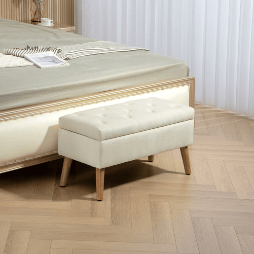 HOMCOM Banco de Arrumação em Veludo com Tampa, Pufe com Pés de Madeira para Sala, Quarto ou Entrada, 80x35x42 cm, Creme