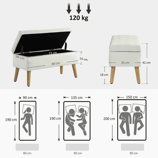 HOMCOM Banco de Arrumação em Veludo com Tampa, Pufe com Pés de Madeira para Sala, Quarto ou Entrada, 80x35x42 cm, Creme