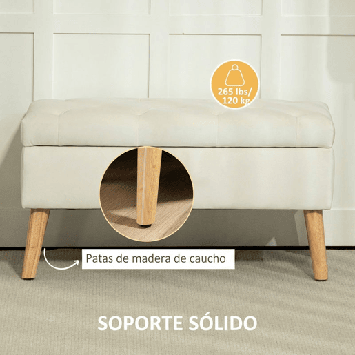 HOMCOM Banco de Arrumação em Veludo com Tampa, Pufe com Pés de Madeira para Sala, Quarto ou Entrada, 80x35x42 cm, Creme