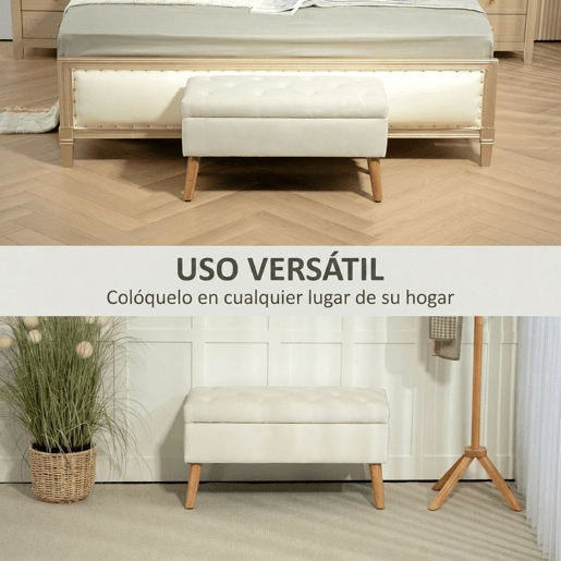 HOMCOM Banco de Arrumação em Veludo com Tampa, Pufe com Pés de Madeira para Sala, Quarto ou Entrada, 80x35x42 cm, Creme