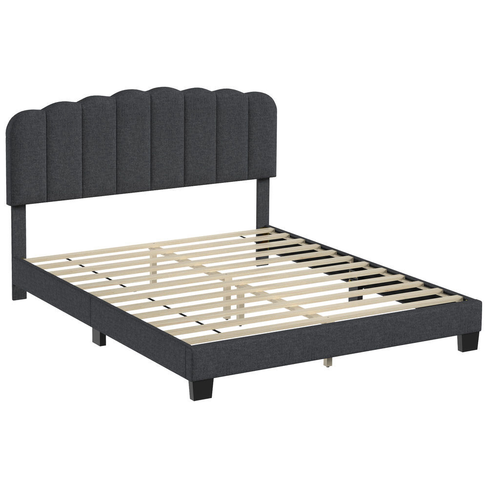 Homcom cama tapizada 160x200 cm con cabecero acolchado ajustable, marco de cama doble con láminas de madera, diseño moderno, fácil montaje, gris oscuro