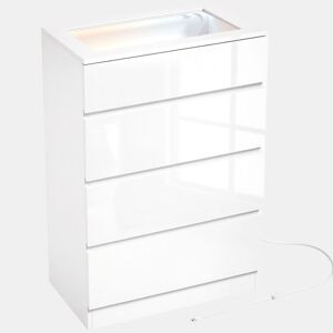 HOMCOM Cómoda de Alto Brilho com 4 Gavetas, Tampo em Vidro Temperado, LED RGB, Organizador de Joias e Controlo por App, Branca, 60 x 40 x 90 cm