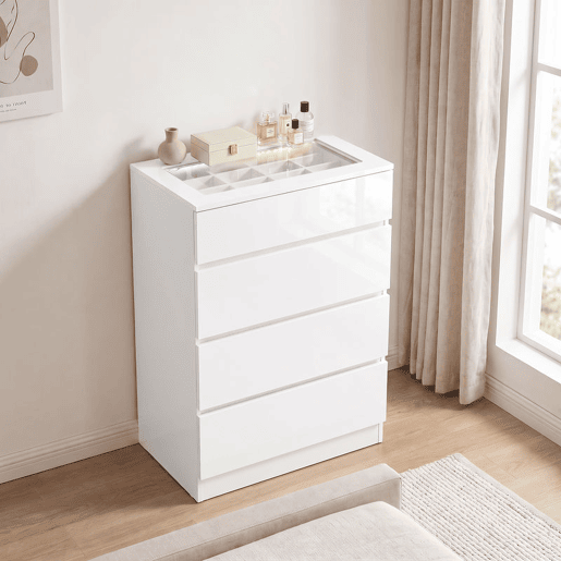 HOMCOM Cómoda de Alto Brilho com 4 Gavetas, Tampo em Vidro Temperado, LED RGB, Organizador de Joias e Controlo por App, Branca, 60 x 40 x 90 cm HOMCOM Cómoda de Alto Brilho com 4 Gavetas, Tampo em Vidro Temperado, LED RGB, Organizador de Joias e Controlo por App, Branca, 60 x 40 x 90 cm