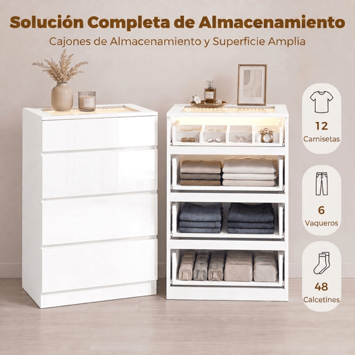 HOMCOM Cómoda de Alto Brilho com 4 Gavetas, Tampo em Vidro Temperado, LED RGB, Organizador de Joias e Controlo por App, Branca, 60 x 40 x 90 cm HOMCOM Cómoda de Alto Brilho com 4 Gavetas, Tampo em Vidro Temperado, LED RGB, Organizador de Joias e Controlo por App, Branca, 60 x 40 x 90 cm