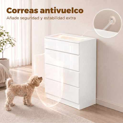 HOMCOM Cómoda de Alto Brilho com 4 Gavetas, Tampo em Vidro Temperado, LED RGB, Organizador de Joias e Controlo por App, Branca, 60 x 40 x 90 cm HOMCOM Cómoda de Alto Brilho com 4 Gavetas, Tampo em Vidro Temperado, LED RGB, Organizador de Joias e Controlo por App, Branca, 60 x 40 x 90 cm