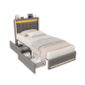 Cama individual de 90×200 cm em linho cinzento, cabeceira e peseira com LED, portos USB e USB-C, 2 gavetas metálicas e somier de ripas