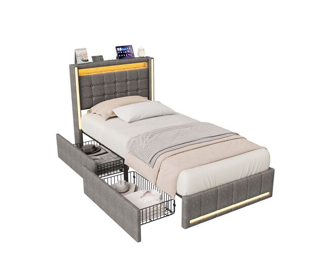 Cama individual lino, almacenamiento, LED y USB 98x212