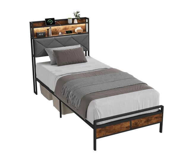 Cama de 90×200 cm con estructura de metal y madera, en tela gris, con iluminación LED RGB y puertos USB-C