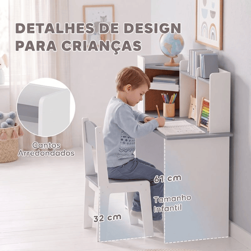 AIYAPLAY Secretária Infantil com Cadeira, Suporte Ajustável para Tablet, Porta-lápis, Quadro de Cortiça, Estantes e Armários, 5-12 Anos, Cinzento AIYAPLAY Secretária Infantil com Cadeira, Suporte Ajustável para Tablet, Porta-lápis, Quadro de Cortiça, Estantes e Armários, 5-12 Anos, Cinzento