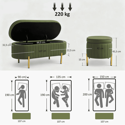 HOMCOM Banco de Cama em Veludo com Arrumação, Tampa Elevatória e Pés Dourados para Quarto e Entrada, 108x44x43,5 cm, Verde Escuro