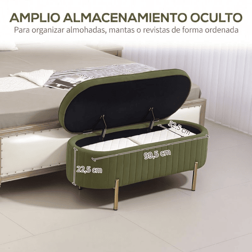 HOMCOM Banco de Cama em Veludo com Arrumação, Tampa Elevatória e Pés Dourados para Quarto e Entrada, 108x44x43,5 cm, Verde Escuro