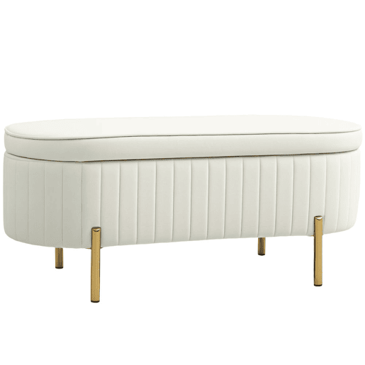 HOMCOM Banco para Pé de Cama em Veludo com Arrumação, Pés Dourados, 108x44x43,5 cm, Branco Creme