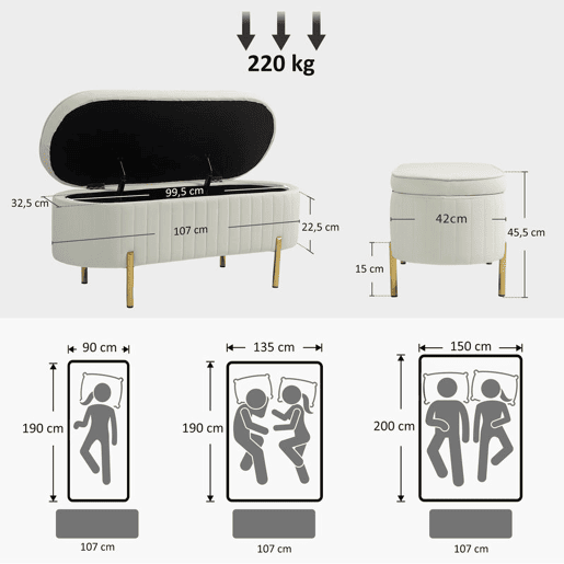 HOMCOM Banco para Pé de Cama em Veludo com Arrumação, Pés Dourados, 108x44x43,5 cm, Branco Creme